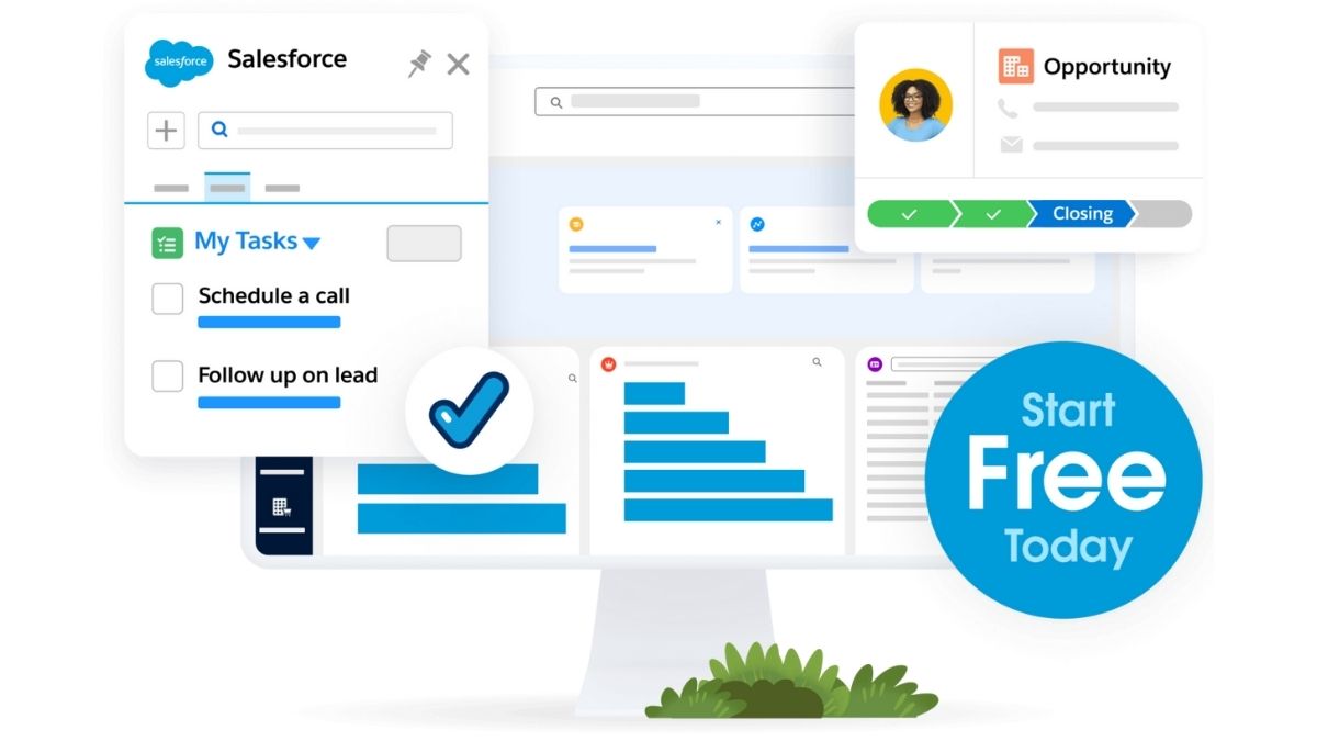 Salesforce dashboard with tasks like "Schedule a call" and "Follow up on lead." Blue checkmark and "Start Free Today" text visible.