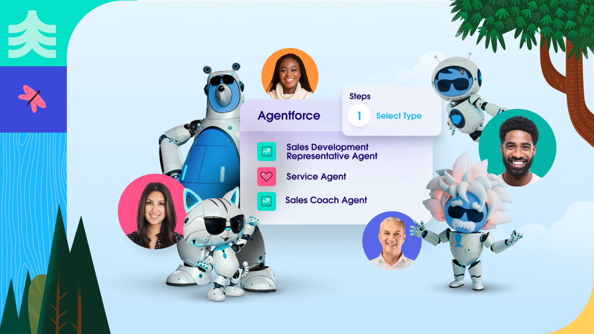 Robots and diverse people encircle a screen labeled "Agentforce," listing agent types. Background features trees, blue sky, and a butterfly.