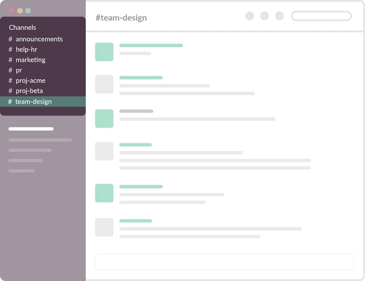Giao diện ứng dụng chat nhóm với danh sách kênh bên trái. Kênh được chọn là "team-design", hiển thị tin nhắn ở bên phải, màu sắc nhẹ nhàng.