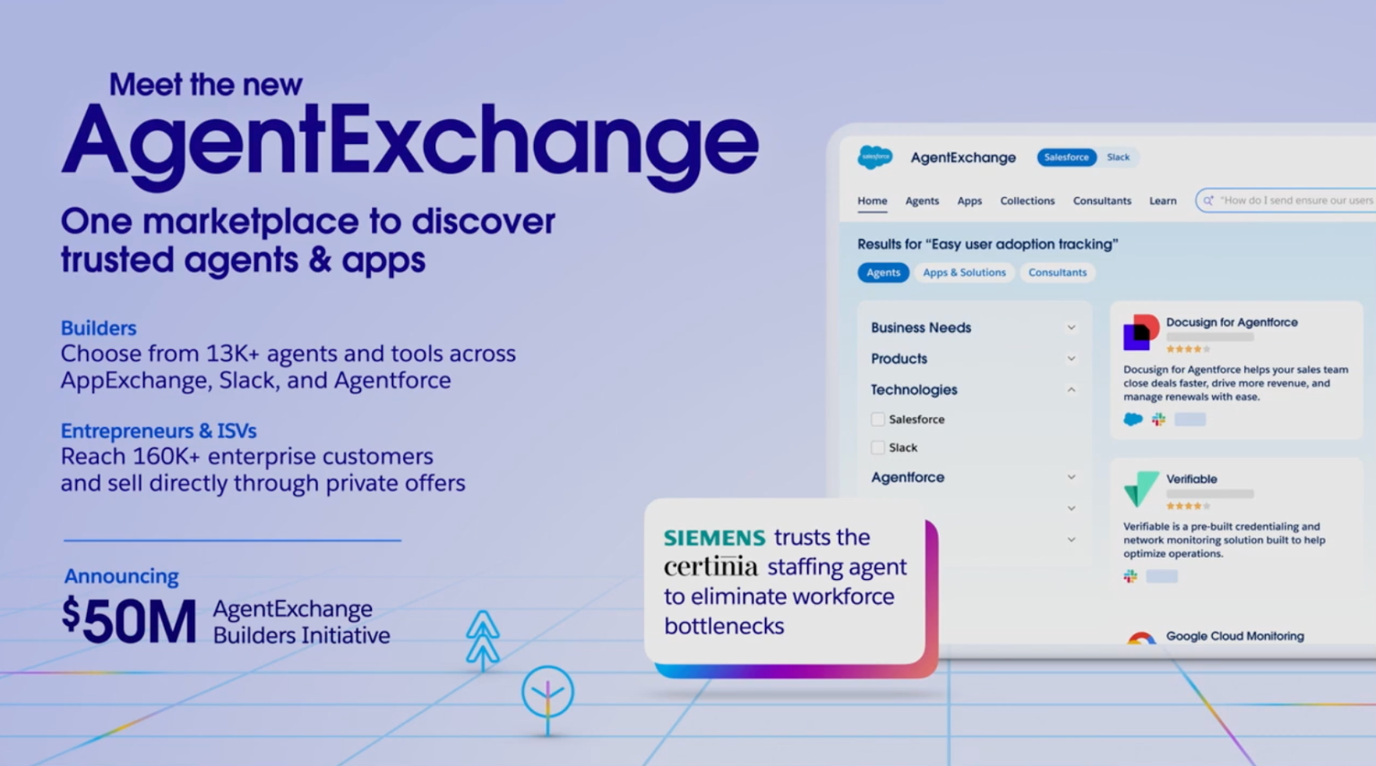 AgentExchange promo: Discover trusted agents and apps. Features include 13K+ tools, $50M Builders Initiative. Blue grid design with search interface.