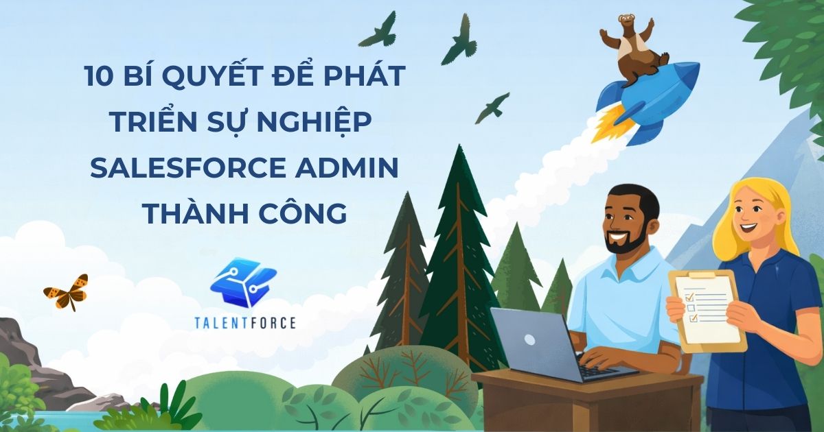 Two people work happily on a laptop and clipboard. A bear rides a rocket above. Text: 10 Bí Quyết Để Phát Triển Sự Nghiệp Salesforce Admin.