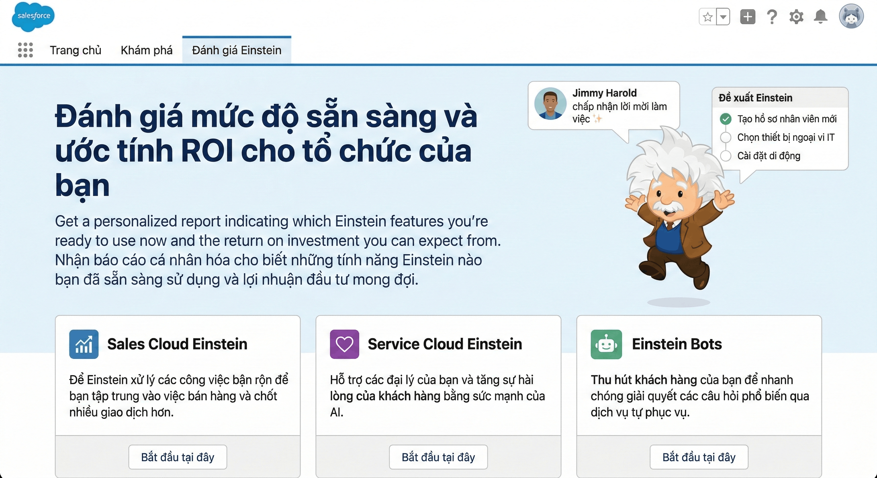 Salesforce Einstein cartoon character jumps joyfully. Text in Vietnamese and English offers personalized reports and AI features. Light blue background.
