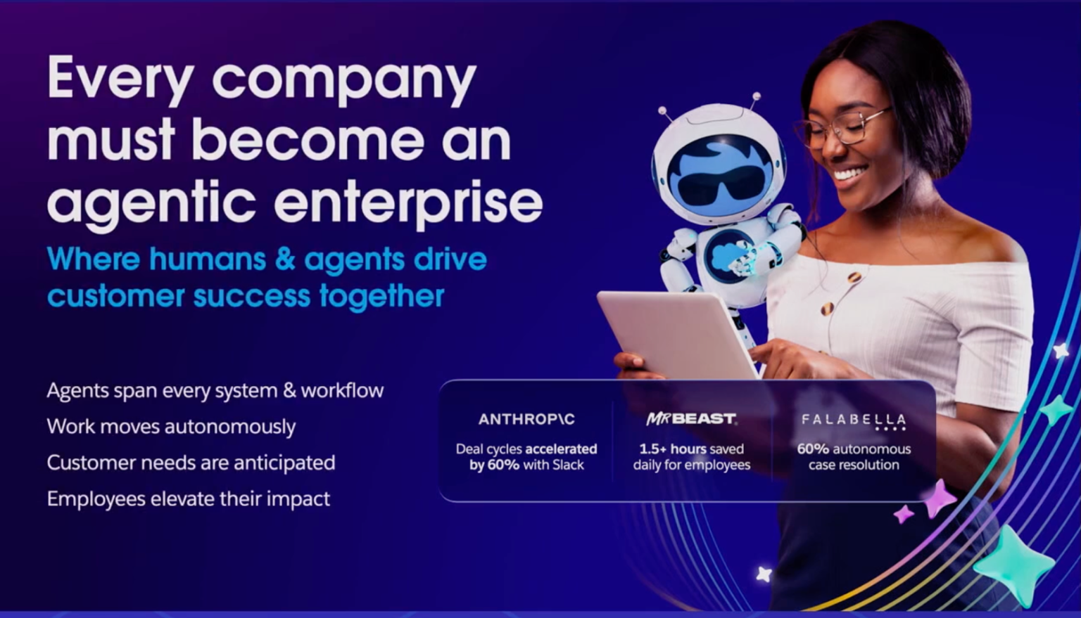 A woman smiles at a tablet alongside a robot on a blue background. Bold text: "Every company must become an agentic enterprise."