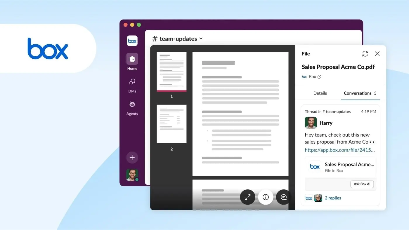 Image of the Slack user interface showing the Box work objects integration