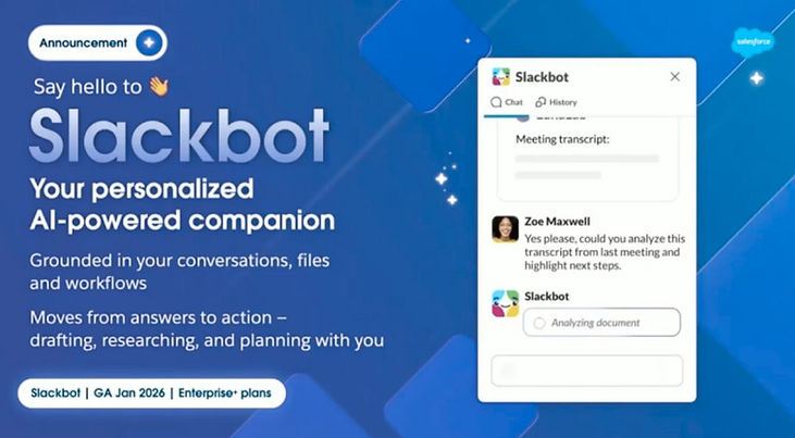 Introducing Slackbot, your AI-powered companion. Features chat mockup on blue background. Text highlights collaboration and launch date in 2026.