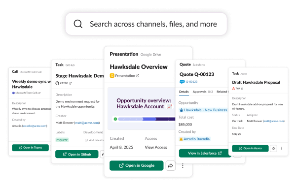 Search bar above digital cards labeled Hawksdale Overview, Quote, and tasks. Cards show brief texts, dates, and buttons for app access.