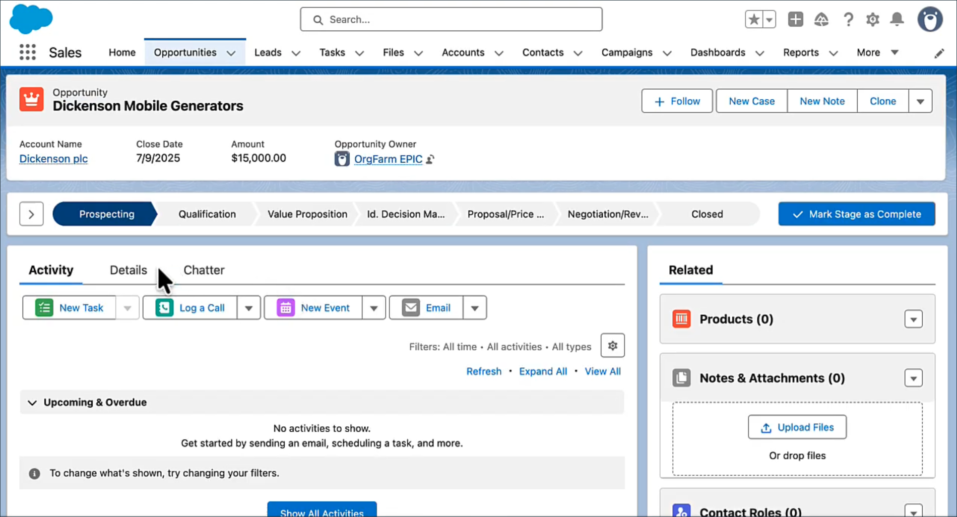 Salesforce dashboard displaying "Dickenson Mobile Generators." Tabs for tasks, calls, events. Buttons "Follow," "New Case," "New Note."
