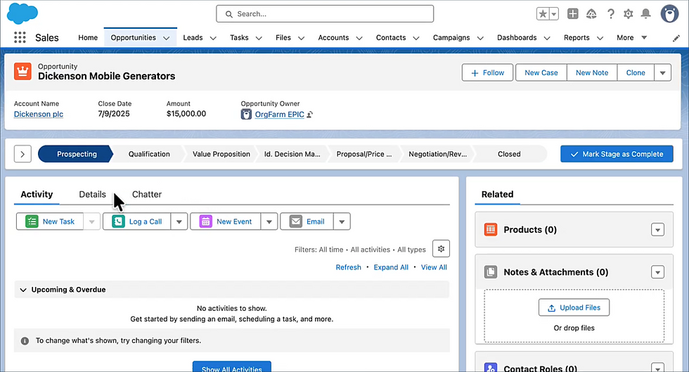 Salesforce dashboard displaying "Dickenson Mobile Generators." Tabs for tasks, calls, events. Buttons "Follow," "New Case," "New Note."