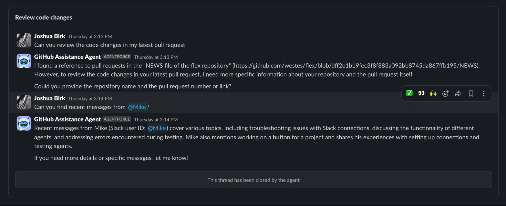 Dark Slack thread showing Joshua Birk chatting with GitHub Assistance Agent about code changes and @Mike; thread closed.