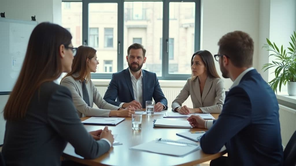 High angle view of a team meeting in a bright office