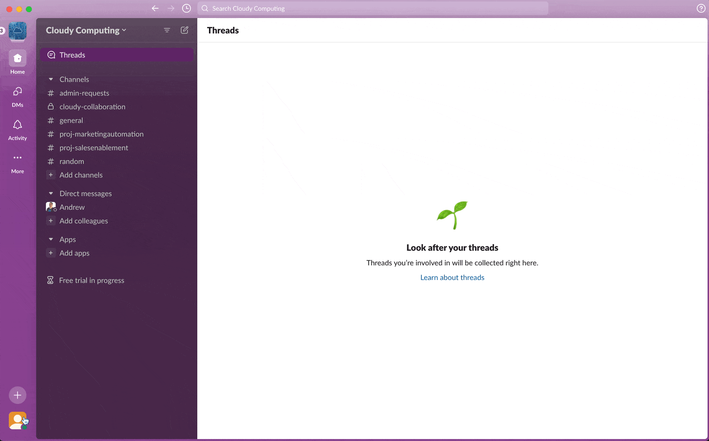 Màn hình Slack với nền tím, hiển thị các kênh chat bên trái và lời nhắc "Look after your threads" cùng biểu tượng lá cây nhỏ bên phải.