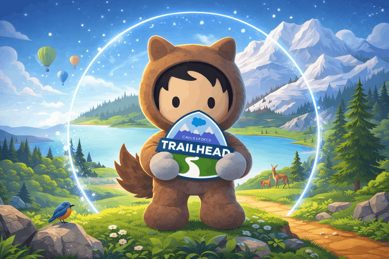 Cute character in a bear costume holds a Trailhead sign in a scenic landscape with mountains, trees, and hot air balloons. Bright, cheerful mood.