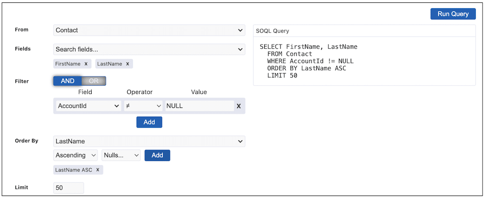 Interface for constructing a SOQL query, showing dropdowns for "From" and "Fields". Filter set on "AccountId != NULL" and ordered by "LastName".