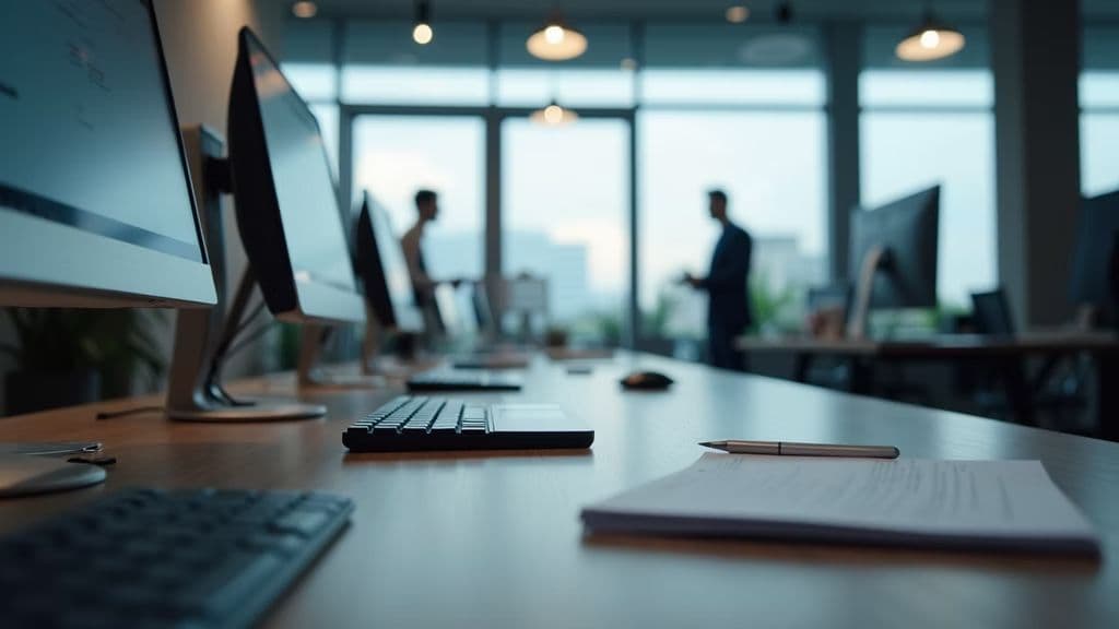 Eye-level view of a modern office workspace with computers and documents