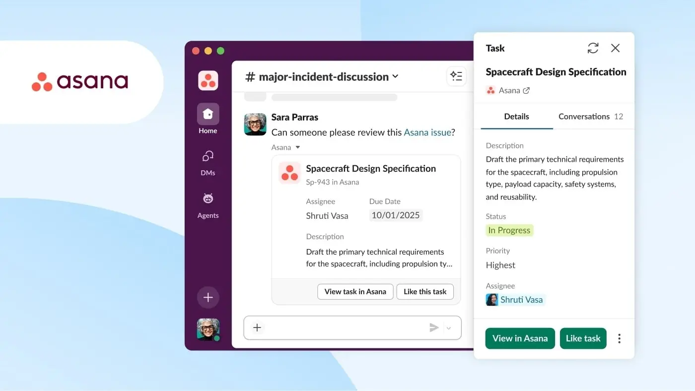 mage of the Slack user interface showing the Asana work objects integration