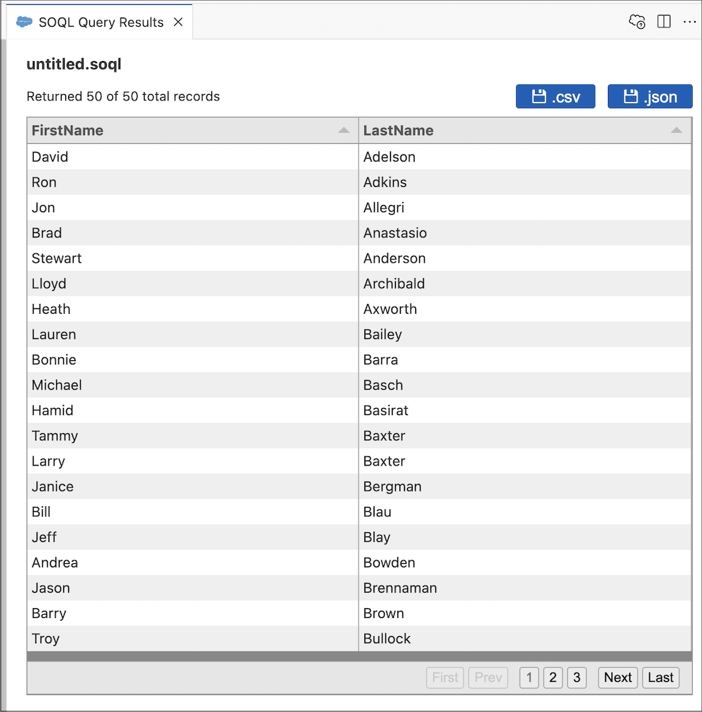 SOQL query results display 50 records with columns for FirstName and LastName. Buttons for exporting to .csv and .json are visible.