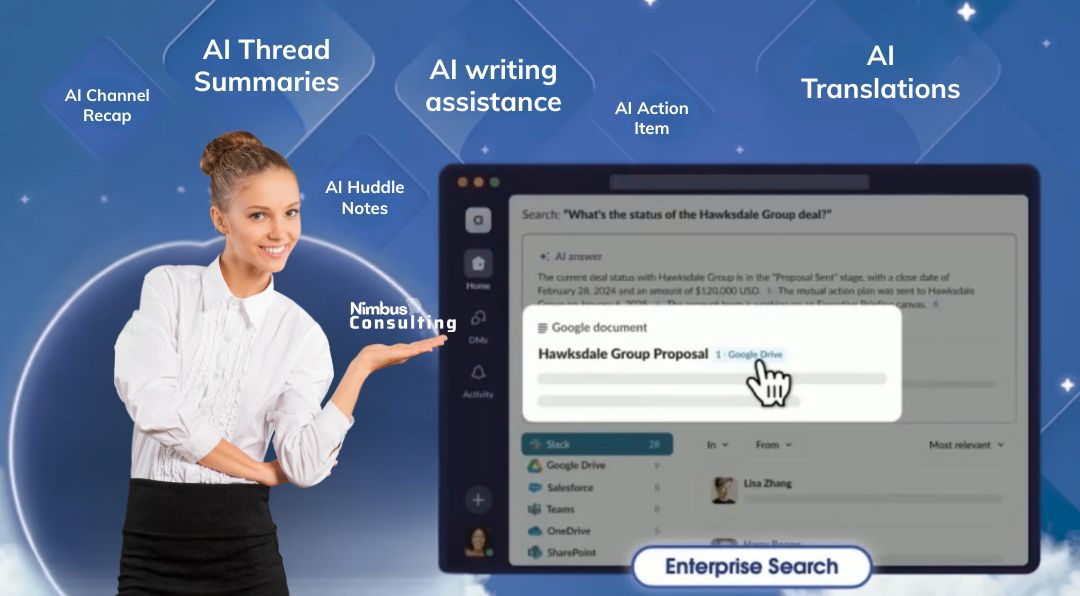 Businesswoman smiles with arms crossed beside a screen showing a document search. Blue background with AI-related texts and "Nimbus Consulting".