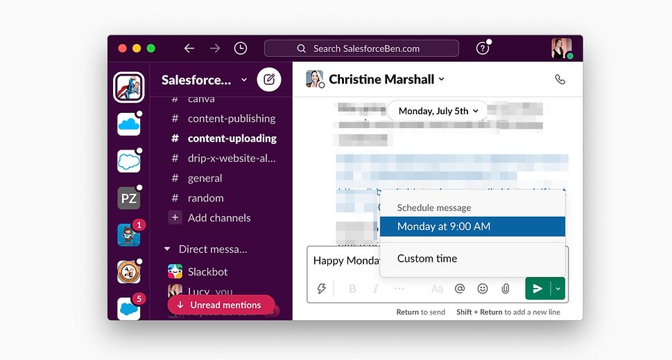 Slack interface showing a scheduling message feature for Monday at 9:00 AM. Unread mentions icon in red on sidebar, purple background.