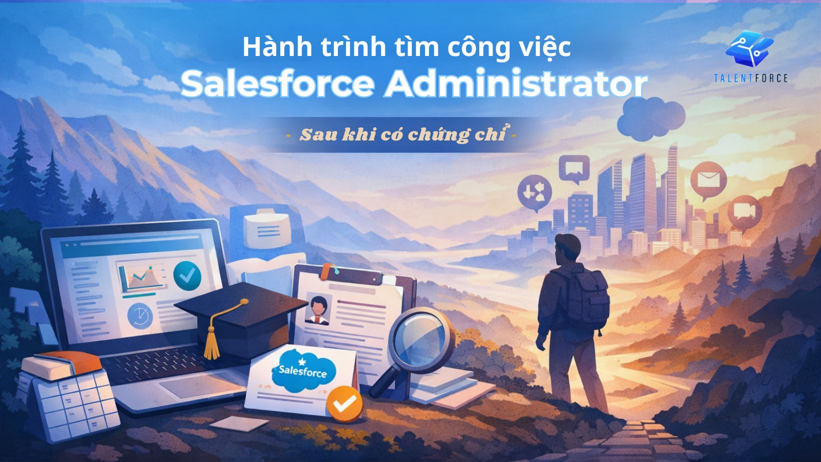 Man with backpack gazes at cityscape against mountain backdrop. Nearby, a laptop, graduation cap, and Salesforce materials suggest career journey.