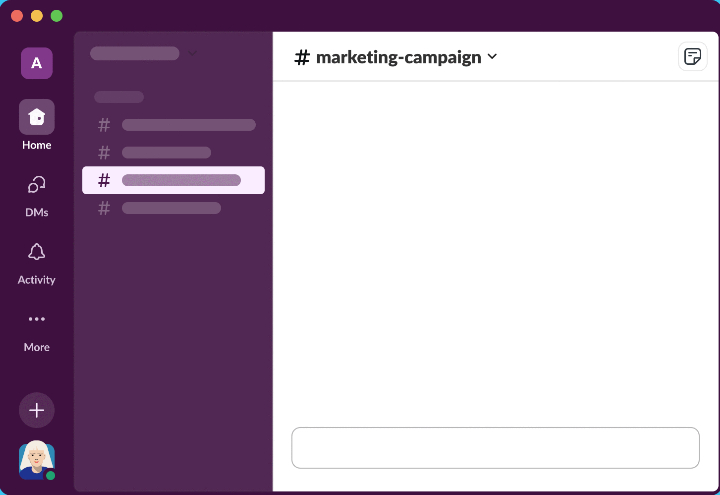 Slack interface with a focus on a blank chat screen in the #marketing-campaign channel. Purple side menu with icons. Bright blue background.