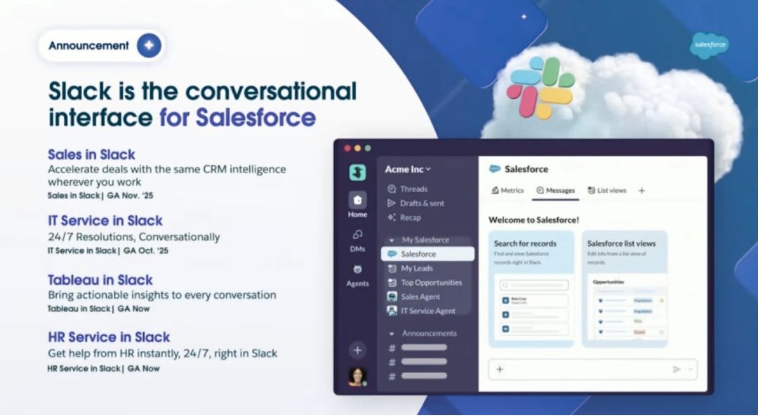 Slack interface for Salesforce shown. Text describes integration like IT and HR services. Blue and white cloud background with Slack logo.
