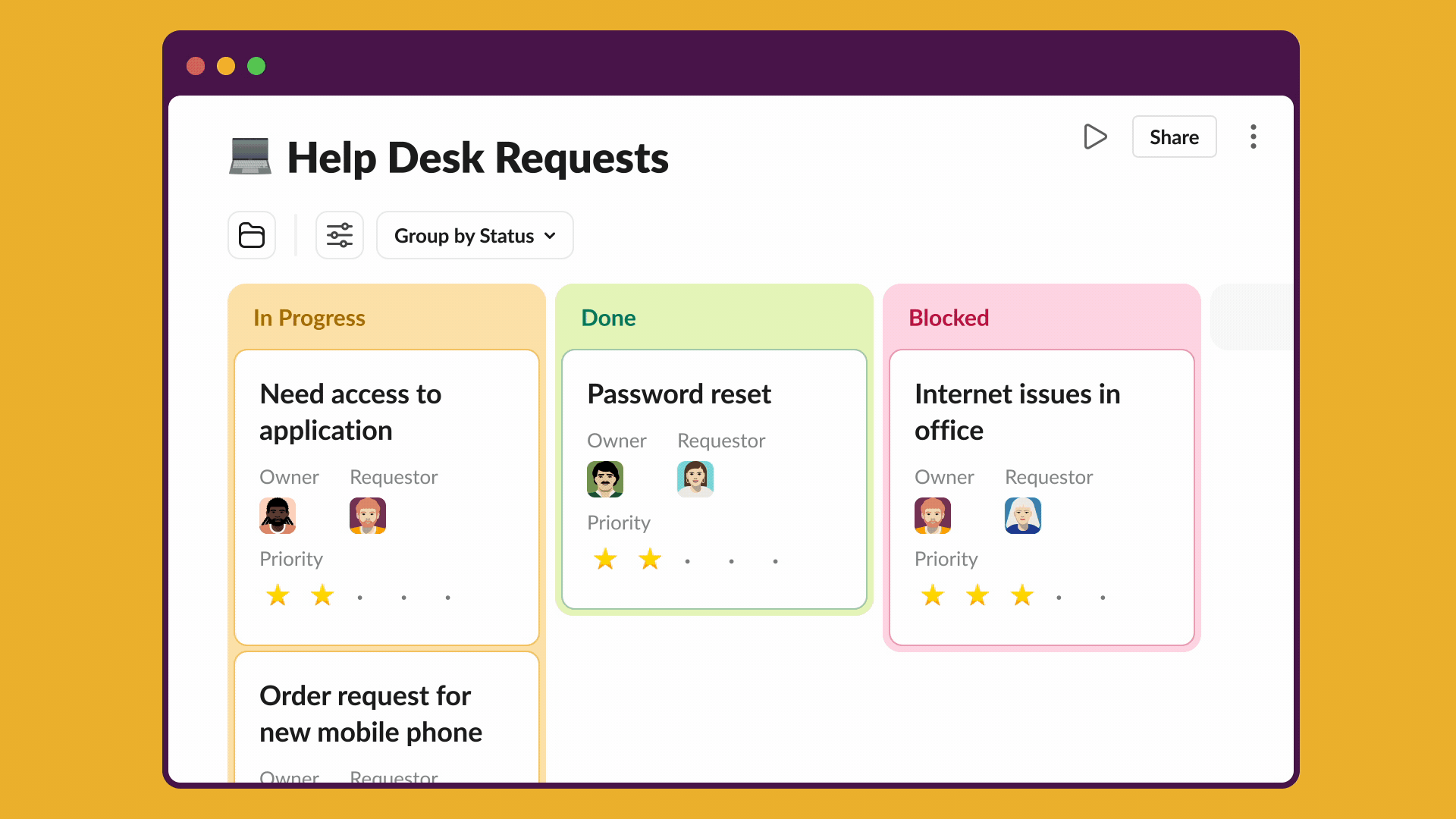 Bảng yêu cầu trợ giúp với các cột: Đang thực hiện, Hoàn thành, Bị chặn. Nền vàng. Các yêu cầu có tiêu đề với chủ sở hữu và mức độ ưu tiên.