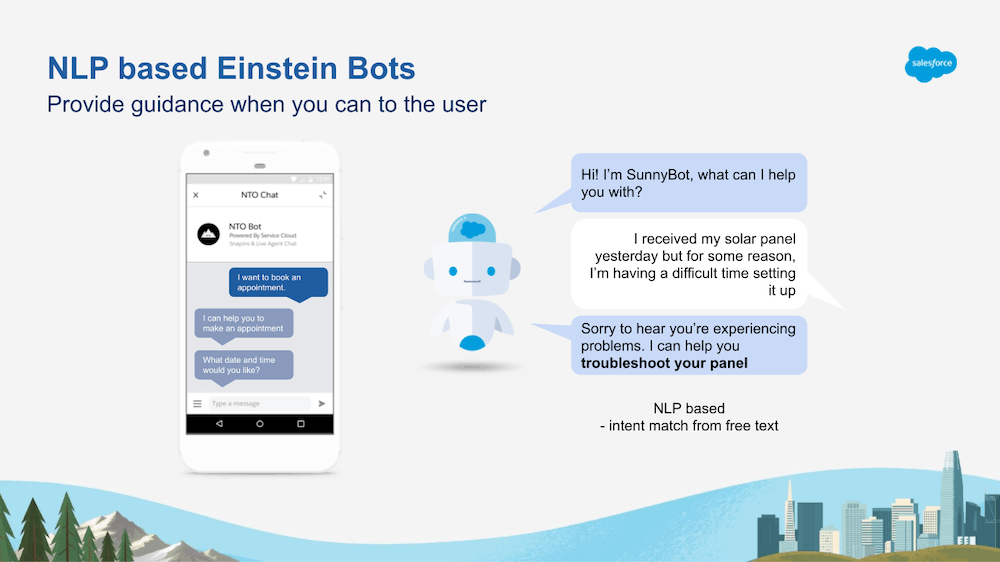 Illustration of a chatbot conversation on a smartphone. A robot figure addresses tech issues. Text highlights NLP-based Einstein Bots.