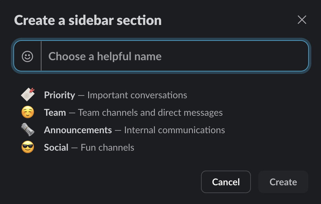 Hộp thoại tùy chỉnh thanh bên với các tùy chọn: Priority, Team, Announcements, Social. Nút "Cancel" và "Create" ở dưới cùng. Mood vui vẻ.
