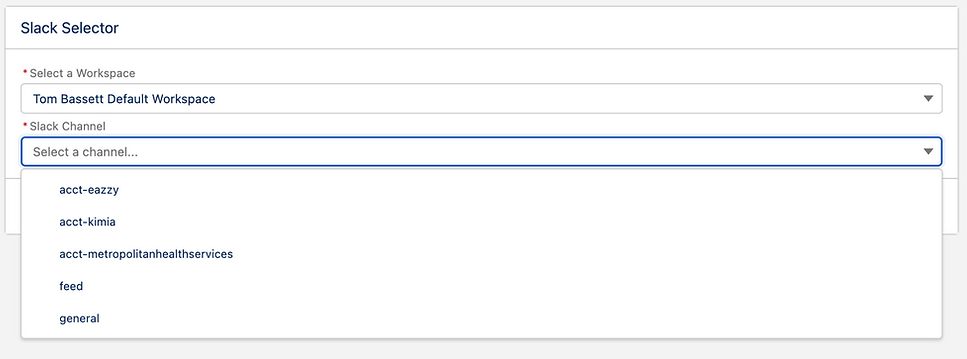Slack Selector interface showing workspace and channel dropdown menus. Options include acct-eazzy, acct-kimia, and general.
