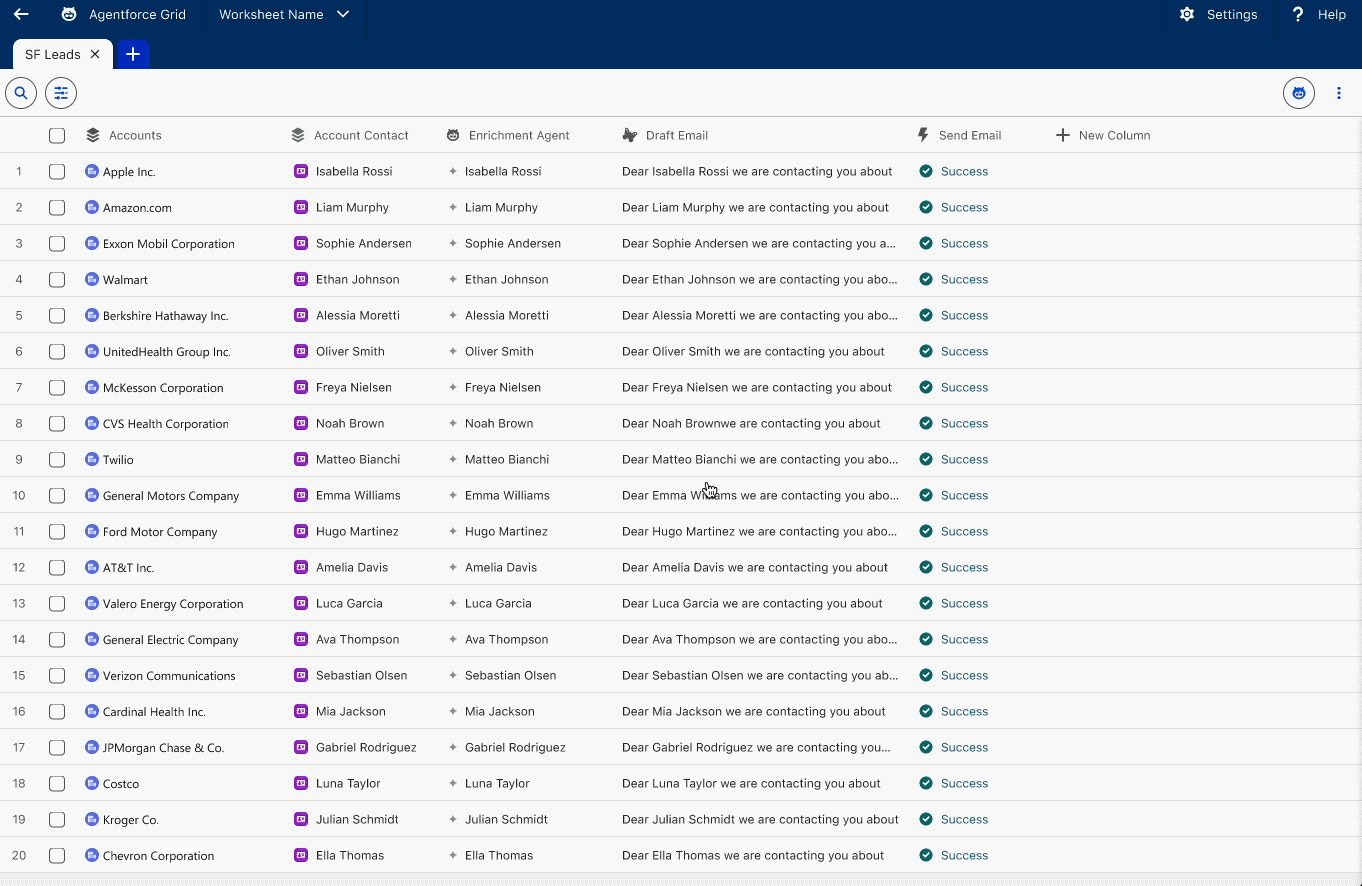 Salesforce-style grid showing account leads, contacts, draft emails, and Send Email success statuses in a blue-and-white dashboard