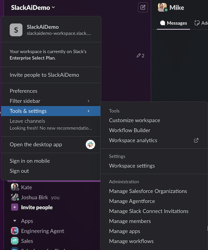 Slack workspace menu open in SlackAiDemo, highlighting Tools & settings and options like Workspace settings, Manage apps, and workflows.