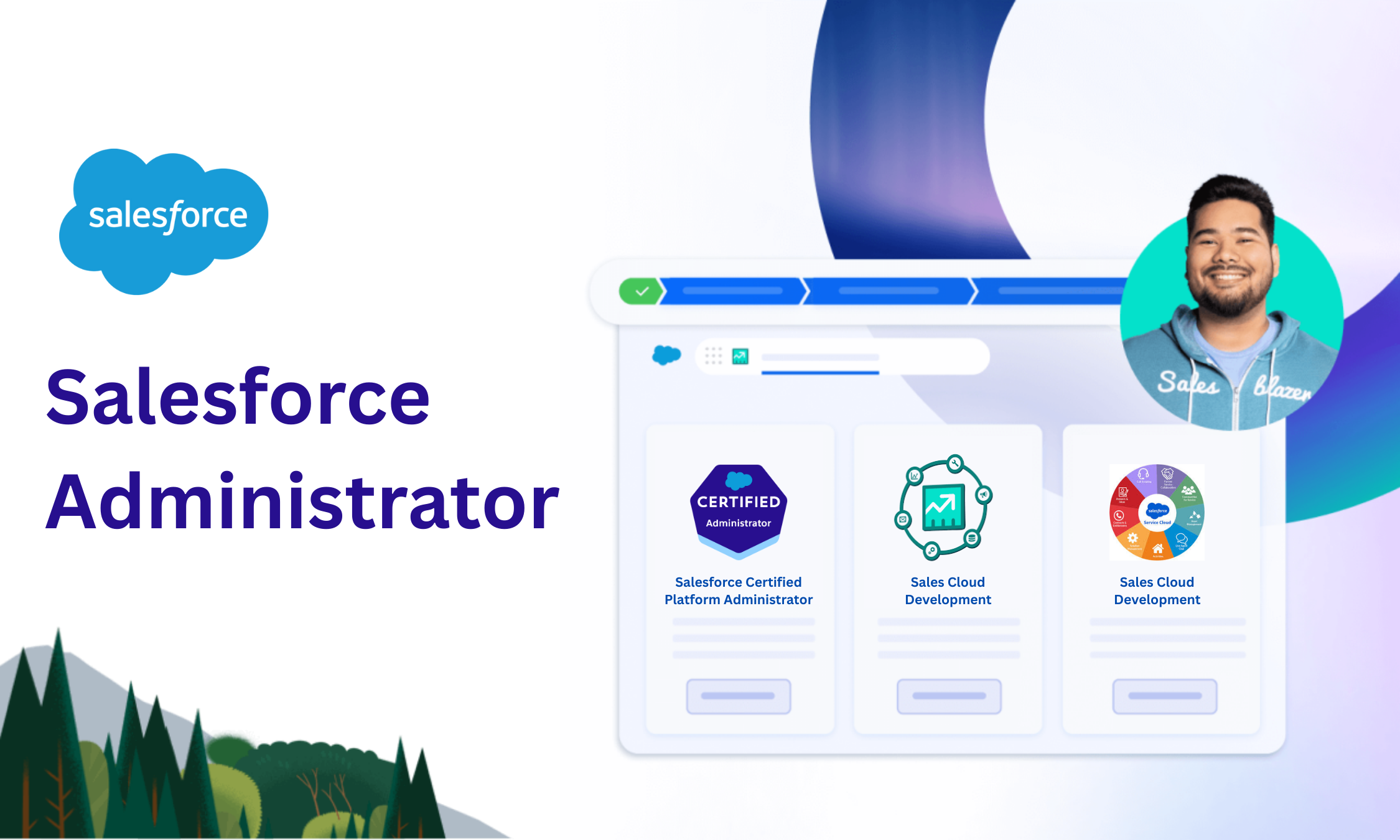 Salesforce Administrator image with logo, certification badges, and a smiling person. Features trees and a tech-themed background.