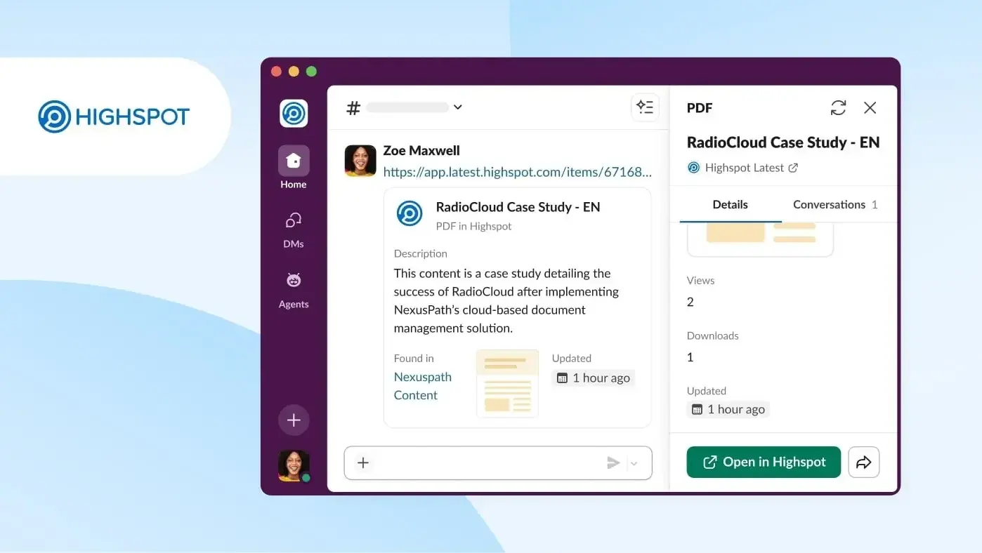 Image of the Slack user interface showing the Highspot work objects integration