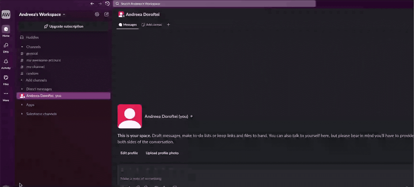 A screenshot of a workspace interface with a purple theme. Direct messages are highlighted, showing user details and options like editing profile.
