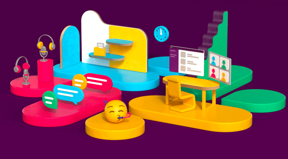 Colorful 3D workspace with headphones, chat bubbles, desk, shelves, and a clock. A smiley face adds a playful mood.