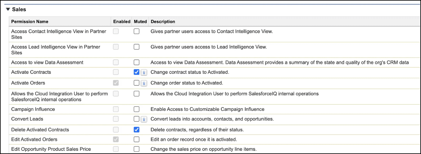 Sales permissions table with checkboxes; blue checks on Activate Contracts and Delete Activated Contracts.
