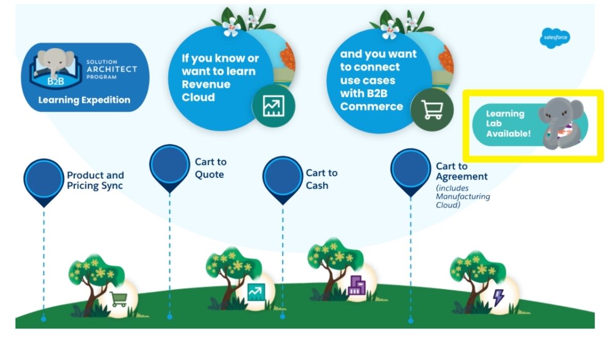 B2B Solution Architect program image with steps: Product Sync, Cart to Quote, Cash, Agreement. Blue-green theme, Learning Lab Available note.