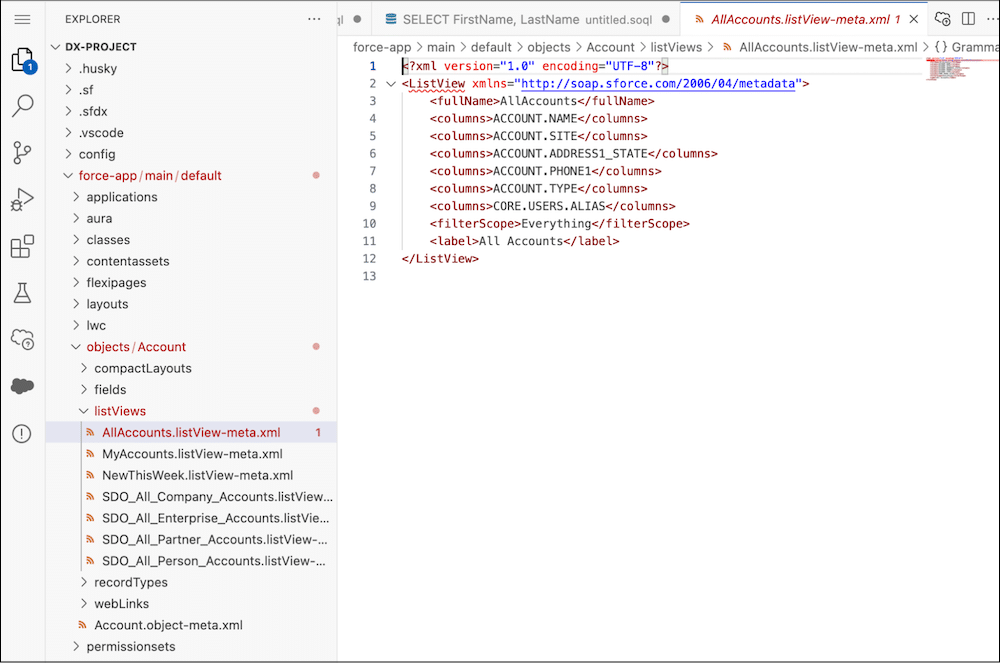 IDE interface displaying XML code for an AllAccounts list view. File structure and directories are visible in the sidebar.