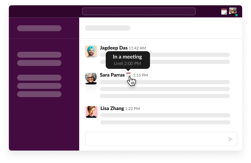 Chat interface with profiles of Jagdeep Das, Sara Parras, and Lisa Zhang. A cursor hovers over Sara's message. Jagdeep is marked "In a meeting."