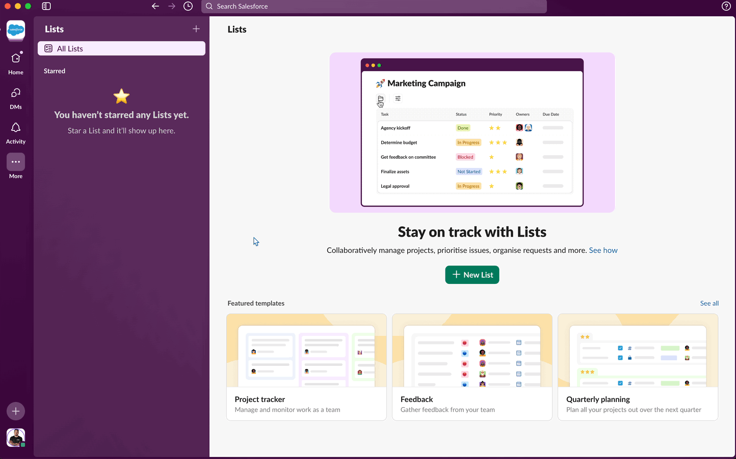 Purple interface with panel showing "Stay on track with Lists." Features templates like "Project tracker" and "Feedback." Button: "New List."