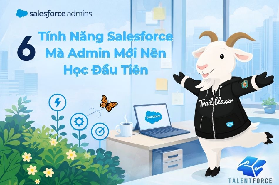 A goat in a "Trailblazer" jacket stands next to a laptop with Salesforce on the screen. Text: "6 Tính Năng Salesforce Mà Admin Mới Nên Học Đầu Tiên."