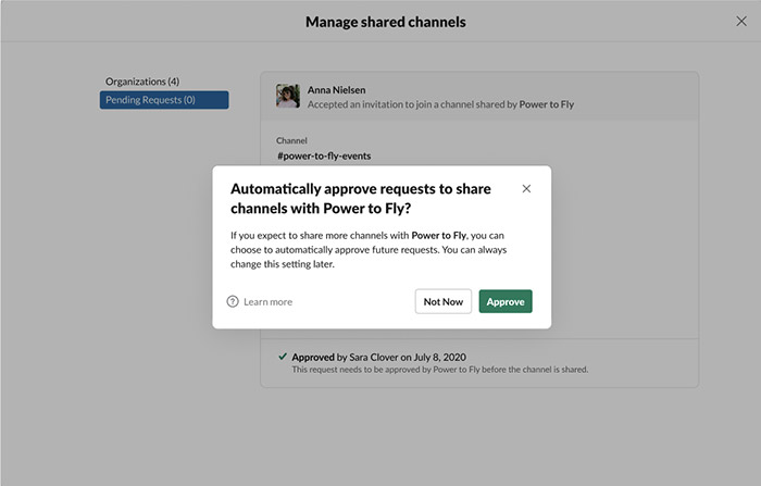 Dialog box on screen with option to auto-approve requests for channel sharing. Background shows invite acceptance by a user. Buttons: Not Now, Approve.