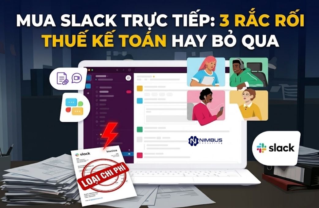 Số hóa văn phòng, màn hình Slack hiển thị 4 người đang giao tiếp. Văn bản: "Mua Slack trực tiếp: 3 rắc rối thuế", biểu tượng Nimbus.