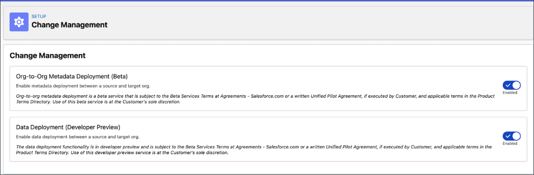 Salesforce Setup Change Management page showing enabled toggles for Org-to-Org Metadata Deployment (Beta) and Data Deployment (Developer Preview)