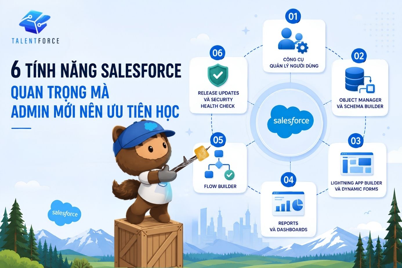 Vietnamese Salesforce infographic with a cartoon mascot on a crate pointing to six numbered admin features around a Salesforce logo.
