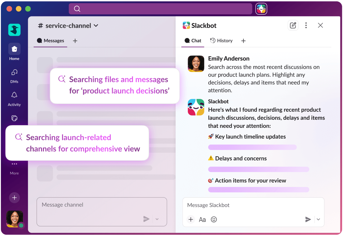 Slack interface with a search for product launch decisions. A chat lists key updates, delays, and action items. Purple and pink highlights.