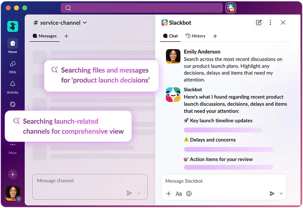 Slack interface with a search for product launch decisions. A chat lists key updates, delays, and action items. Purple and pink highlights.
