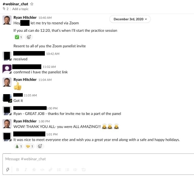 Slack chat screenshot from December 3rd, 2020. Users discuss a Zoom panel, confirm links, and express gratitude. Emojis and festive icons present.