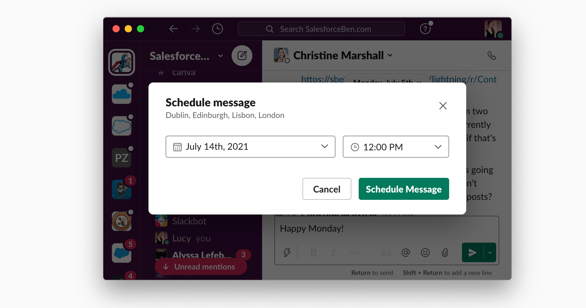 Slack scheduling feature with a pop-up for scheduling a message on July 14th, 2021, at 12:00 PM. Options to cancel or confirm.
