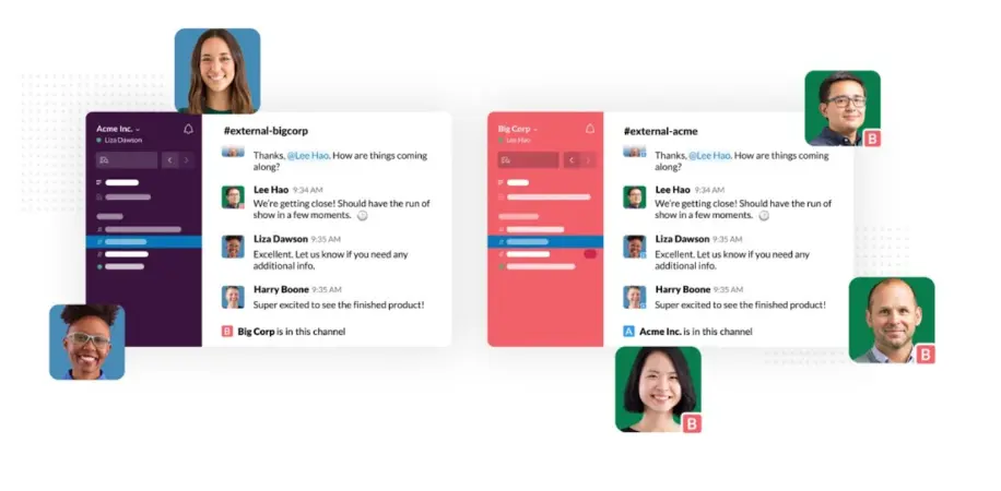 Chat interface with two message threads from "Acme Inc." and "Big Corp" on purple and red backgrounds. Five diverse smiling people.